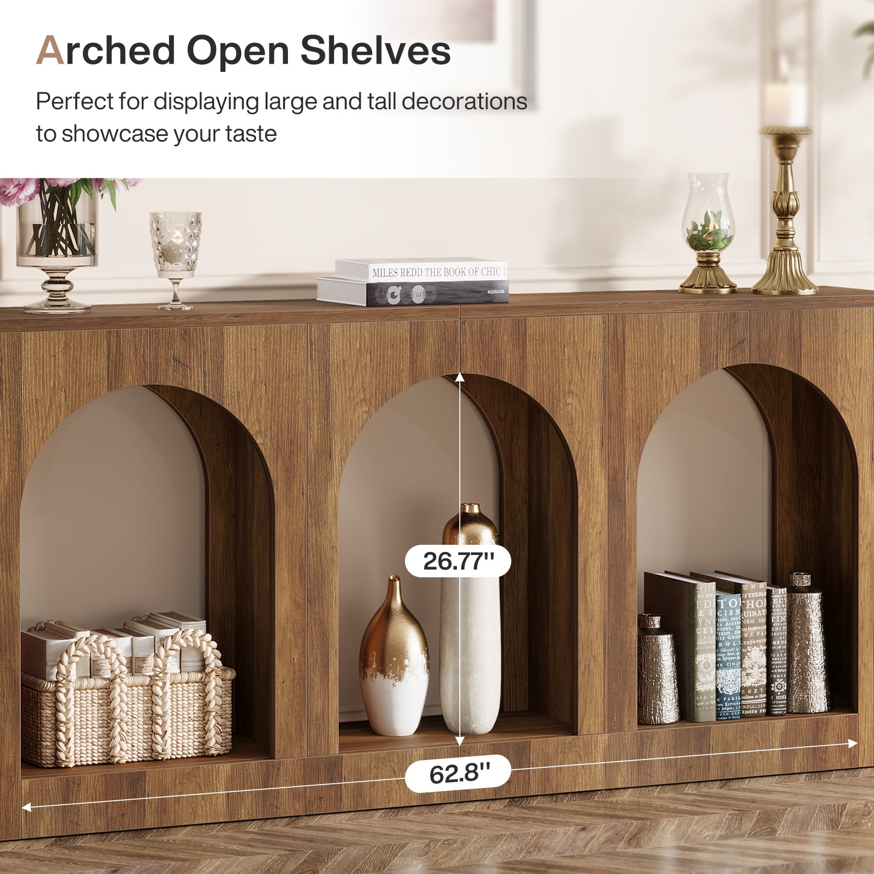 Fnova 70.9" Farmhouse Console Table, Narrow Long Sofa Table with 3 Arched Storage Shelves, Wood Entryway Table for Foyer, Hallway, Living Room, Behind Couch