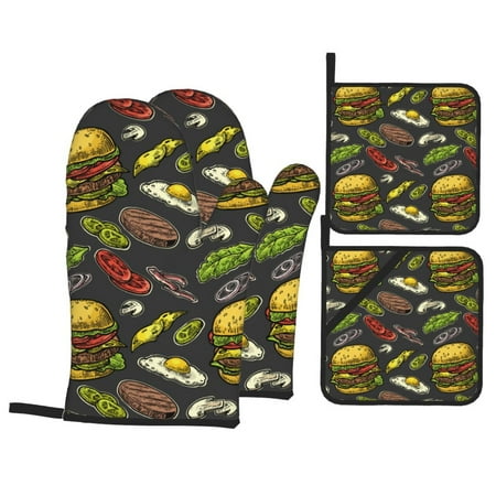 

Oven Mitts and Pot Holders 4 Piece Cute Hamburger Beef Vegetables High Heat Slip Resistant Oven Mitt and Trivets Set Kitchen Oven Glove Pot Holders for Cooking Baking Grilling