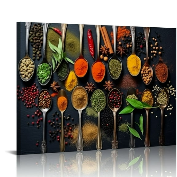 GOSMITH Framed Large Kitchen Wall art Pictures Decor Couful Spice in Spoon Vintage Canvas Wall Art Food Photos Painting On Canvas Home Decoration Gift Ready to Hang
