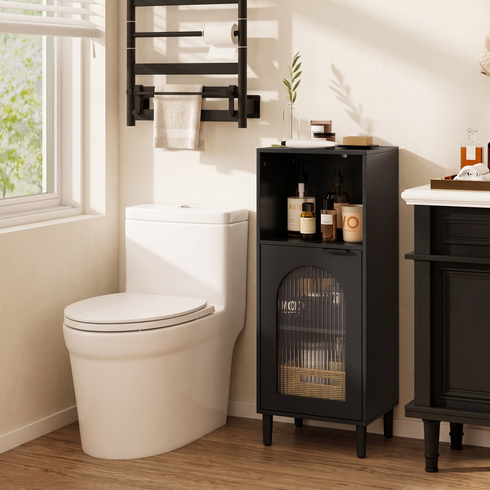 Fenbeli Bathroom Floor Cabinet, Freestanding Wood Side Storage Organizer Cabinet with Adjustable Shelf, Tempered Glass Door and Anti-Tipping Kit for Bathroom, Black
