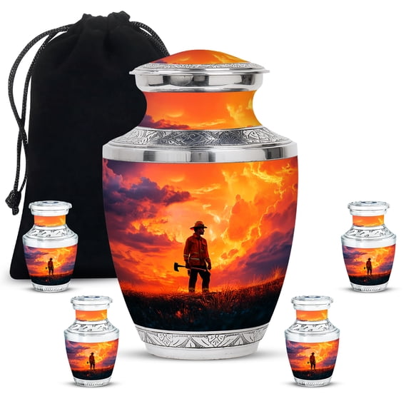 JAGASY Firefighter Memorial Combo Urns Set of 5, Orange Small Urn for Ashes Adult Male, Orange Clouds Decorative Urns for Daughter, Large Handmade Cremation Urn for Son, ( 1 Large, 10"; 4 Small, 3")