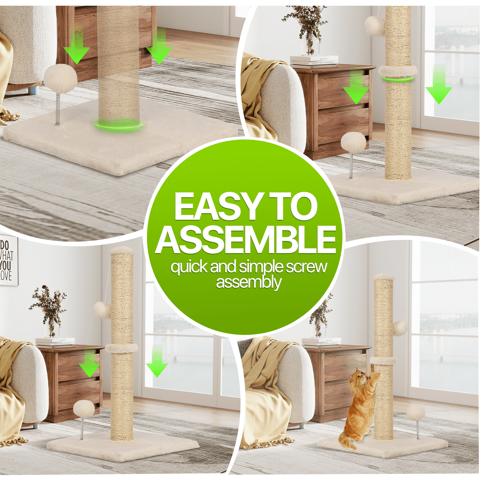 Dkelincs Cat Scratching Post with Sisal & Spring Ball Toy 33" Tall Cat Scratcher for Indoor Cats/Kittens Natural Sisal Scratch Post Trees for Living Room Bedroom, Beige
