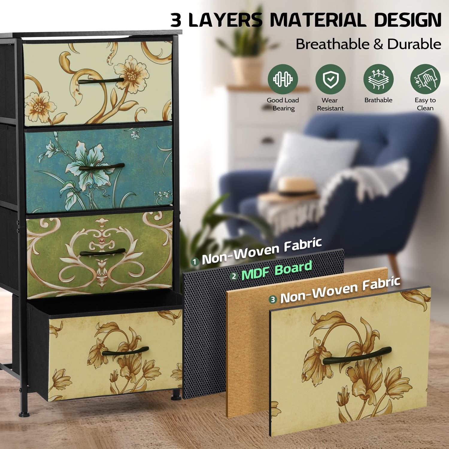 4 Drawers Dresser for Bedroom, Vesteel Fabric Chest of Drawers Tall Storage Tower with Wood Top and Sturdy Steel Frame, Storage Organizer Unit for Closet /Living Room /Hallway - Retro Floral