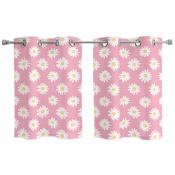 White Pink Daisy Kitchen Curtains Small Short 39 Inch Length, Spring Summer Floral Botanical Grommet Top Bedroom Living Room Curtains, Light Filtering Cafe Curtain Drapes 2 Panels Set 55''x39''