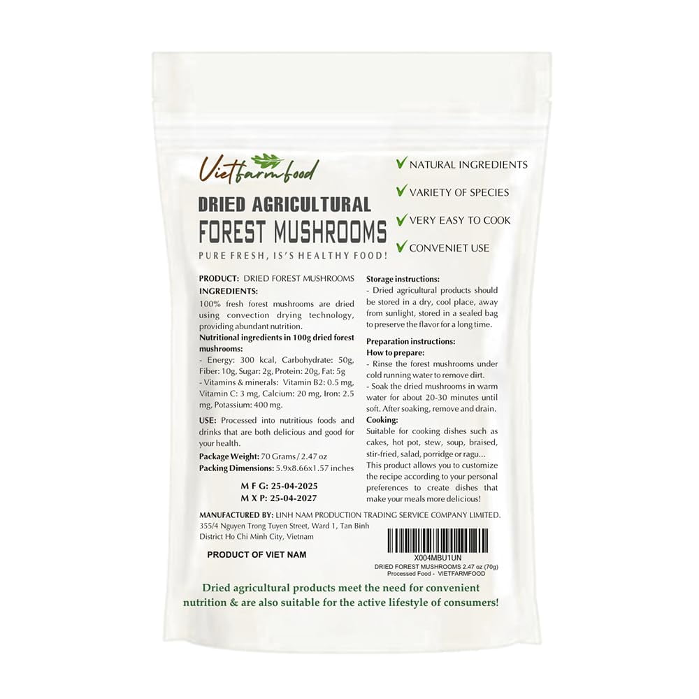 DRIED FOREST MUSHROOMS 2.47 Oz (70g) VIETFARMFOOD: Dried agricultural products with pure natural flavor. Used as cooking ingredients to prepare delicious, nutritious dishes, suitable for vegetarians