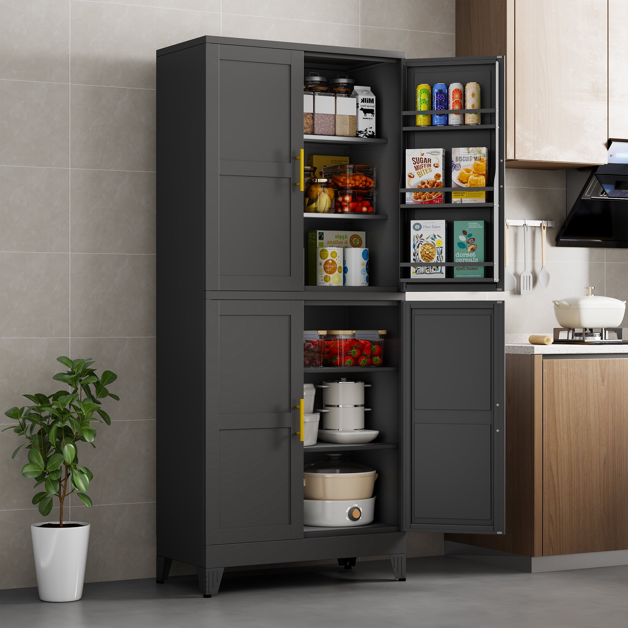 Ero Tall Steel Pantry Cabinet with 4 Doors and Adjustable Shelves for Kitchen Storage Black