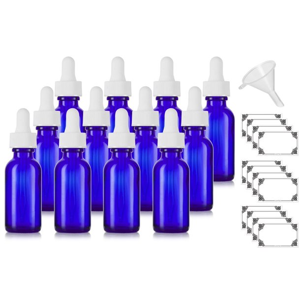 1 oz Cobalt Blue Glass Boston Round White Dropper Bottle