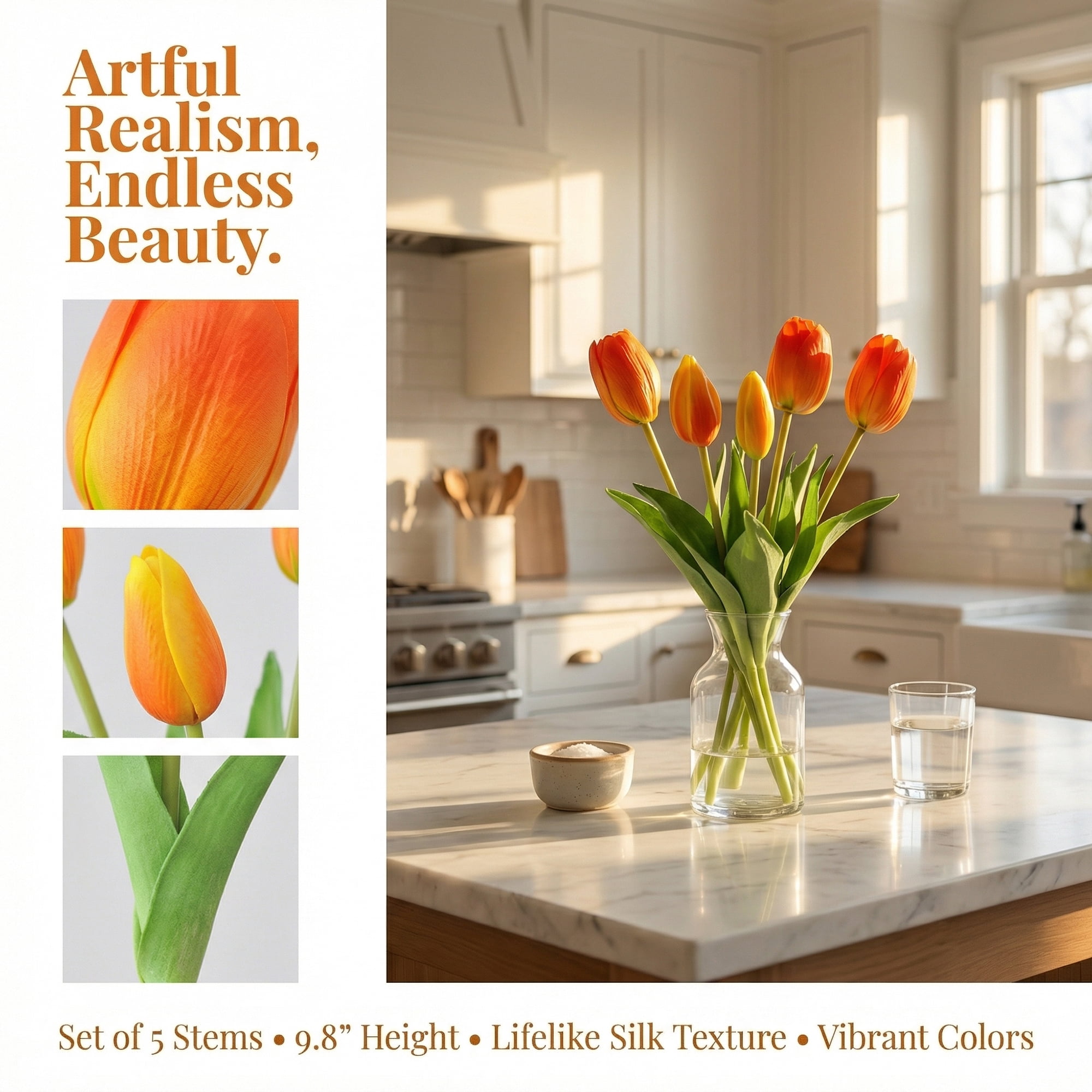 Unique Bargains 10Pcs Artificial Flowers Silk Tulips Mini Bouquet Orange Red 9.8"
