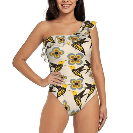 Cauagu Yellow Flowers Hummingbird Print Women s Sexy One Piece Swimsuits One Shoulder Ruffle Tummy Control Bathing Suit Slimming Swimwear-Medium
