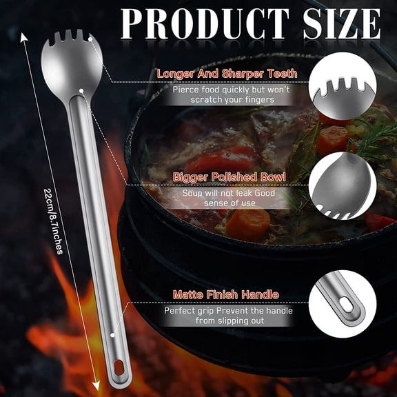 UDGIU-4 Pieces Titanium Long Handle, Backpacking Spork and Spoon Ultralight Portable Flatware 8.7 Inch Soup Spoon Camping Spork Utensil for Outdoor Camping Hiking Travel Picnic Tableware(Silver)