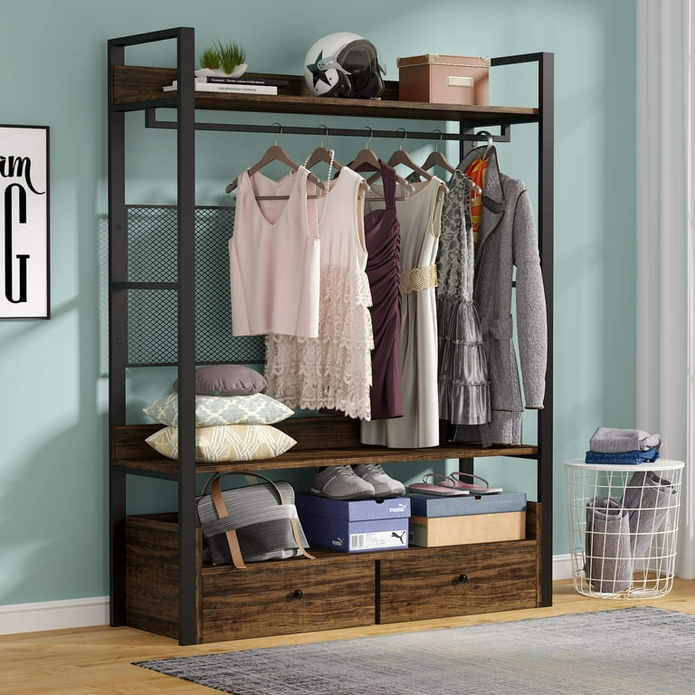 Freestanding Closet Organizer, Garment Rack with 2 Drawers & ShelvesGray