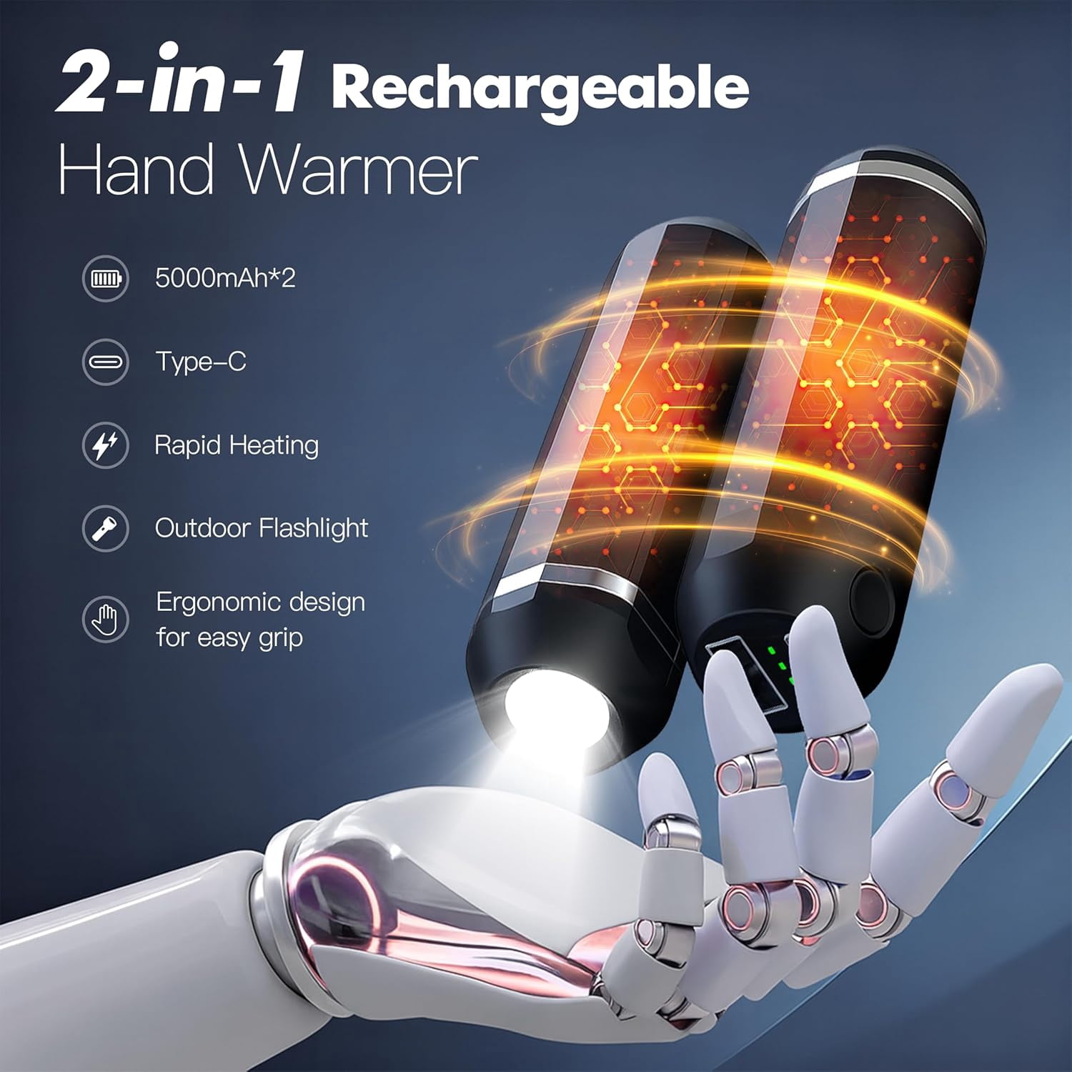 ABCISI 3 in 1 AI Hand Warmers Rechargeable 2 Pack, Magnetic Electric Hand Warmers, Flashlight Function, 5000mAh-3-Level Heat, Slim Pocket, Outdoors, Camping, Hunting, for Men and Women