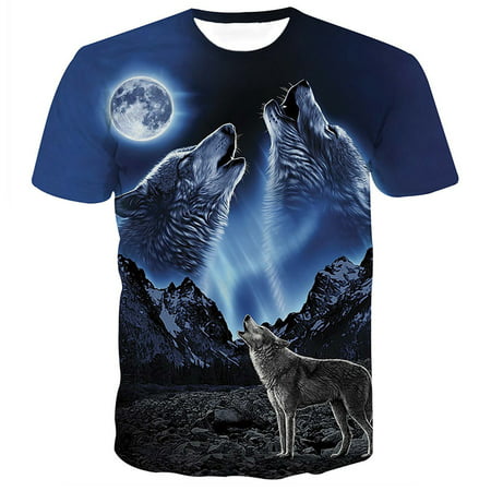 Fancyleo Mens T Shirt Personality Wolf 3D Digital Print Casual Slim Short Sleeved Tops