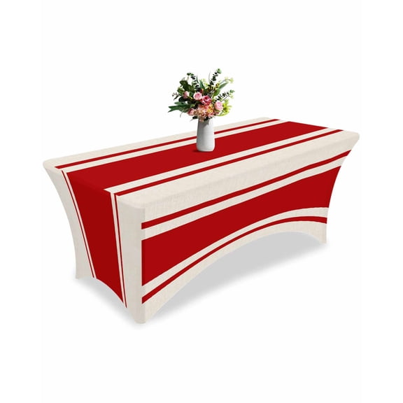 Fitted Tablecloth 6ft Red Stripe Lines Rectangular Tablecloths Stretch Spandex Table Cover Washable Elastic Linen Striped Table Cloth Protector for Dinner Party Wedding Banquet