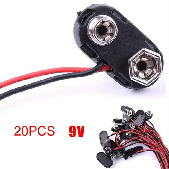 20Pc 9V Snap 9V (9 Volt) Battery Clip Connector T Type W Cable Black Hard-Shell