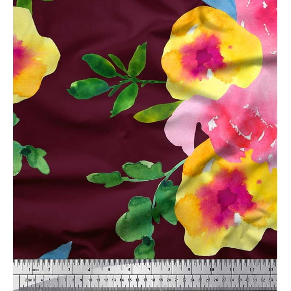 Soimoi Poly Georgette Fabric Flower & Leaves Watercolor Fabric Prints By Yard 52 Inch Wide