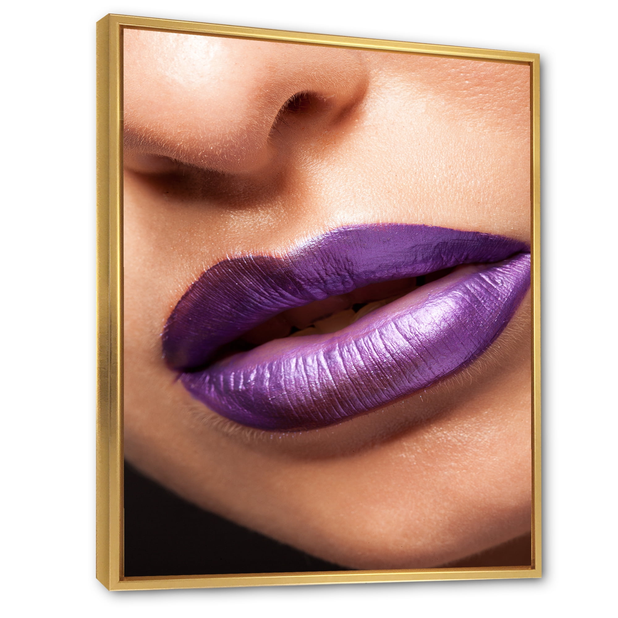 Designart 'Close Up View of Girl Lips With Purple Lipstick' Modern Framed Canvas Wall Art Print