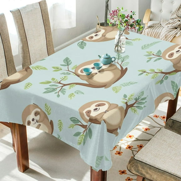WOBOGO Cute Sloth Sitting on Tree Pattern Square Tablecloth 54×54in Polyester Fabric Tablecloth Washable Dust Resistant Wrinkle Resistant