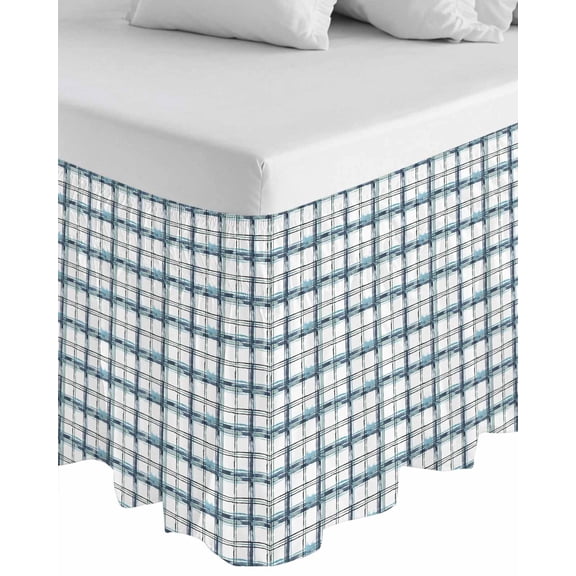 Blue Plaid Wrap Around Bed Skirts for California King Bed 18" Drop,Bed Skirt with Adjustable Elastic Belt Dust Ruffle Bed Valance for Bedroom Hotel Watercolor Checkered Blue Ombre Bed Frame Cover