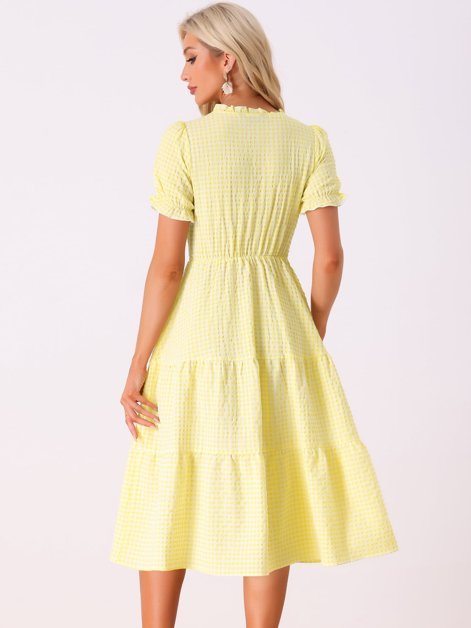 DARING DIVA Women's Gingham Summer Ruffle Trim V Neck Button Decor Dresses XL Yellow