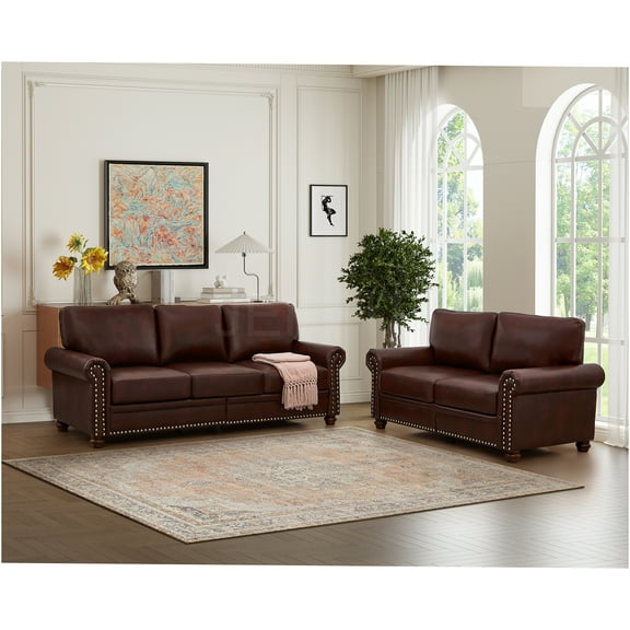 JERFIT Modern Burgundy PU Leather 2 3 Seater Sectional Sofa Couch with Storage, Round Arms, Removable Cushions for Living Room