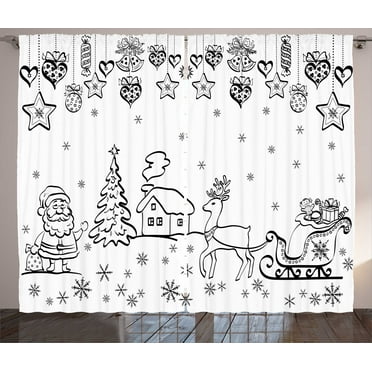 Ambesonne Christmas Curtains 2 Panel Set, Tree Reindeer Santa, 108" x 90", Black and White