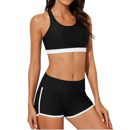 Oplxuo Women s Colorblock Athletic Two Piece Tankini Swimsuits  Crop Tank Tops with Boyshorts Tummy Control Bathing Suit