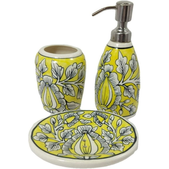 India Meets India Handicraft Ceramic Bathroom Accessories Set-Soap Dish, Liquid Dispenser, Toothbrush Holder Set, Best Gifting, Made by Awarded- Indian Artisan
