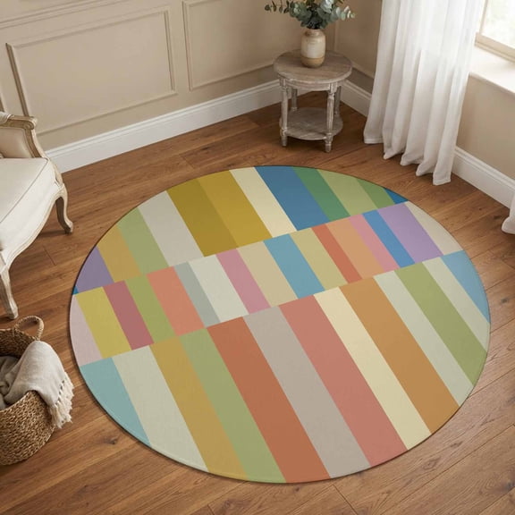 Small Round Rug 3Ft, Colorful Striped Non-Slip Washable Circle Rugs Carpet, Modern Staggered Stripes Indoor Outdoor Rug Floor Mats Throw Runner for Bedroom Living Room Bathroom