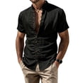 thumbnail image 3 of Men's Casual Button Up Shirt Polyester Blend | Short Sleeve Stand Collar With Breathable Fabric Beach Shirt | Sun Protection Vacation Tops Comfortable Daily | Zenithor,Black L, 3 of 9