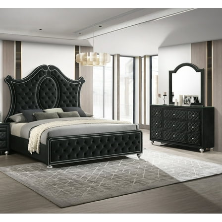 Luxurious Beautiful King Size 3pc Bed Dresser Mirror Set Tufted Black