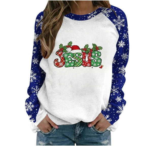 SwiftWear Women's Jesus Sweatshirt Merry Christmas Crewneck Tops Soft Stretch Fabric with Festive Design Long Sleeve Shirt Blue