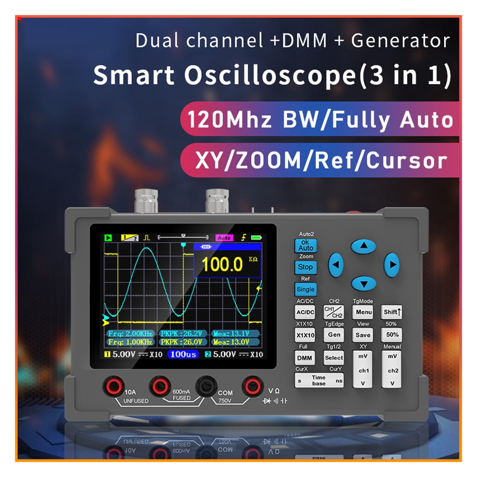 Oscilloscope Multimeter Signal Generator 3.2inch IPS Handheld Oscilloscope 120Mhz 250MSa/s Dual Channel Oscillometer ,Easy to Use