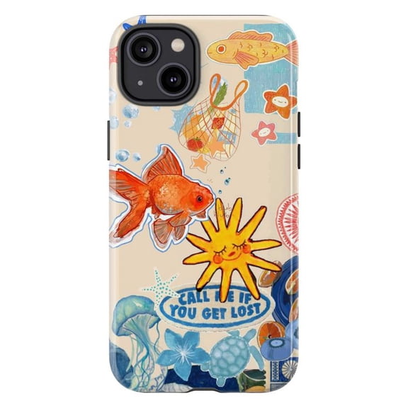 Underwater Collage Phone Case, Goldfish & Ocean Doodles iPhone Cover, Cute Marine Artistic Protective Case for iPhone 16 15 14 13 12 11 Pro Plus Mini