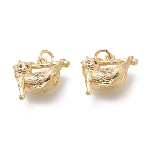 Brass Micro Pave Clear Cubic Zirconia Pendants with Jump Rings Long-Lasting Plated Sloth Shape Real 18K Gold Plated 17.5x17x7mm Hole: 3.5mm