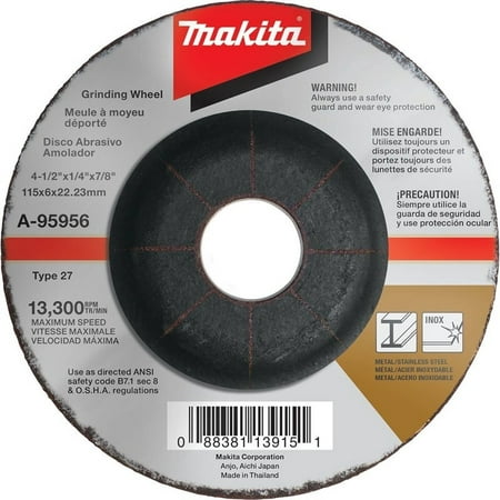 

Makita INOX Grinding Wheel 36 Grit Type 27 4-1/2 Dia x 1/4 T x 7/8 Cntr Hol