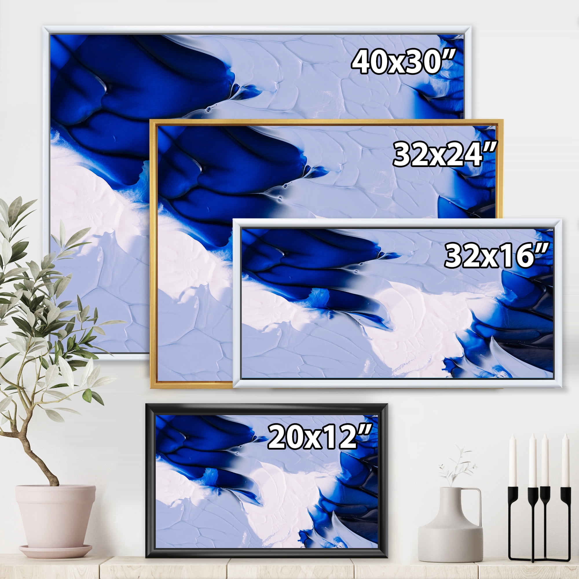 Designart 'Abstract White and Blue Grey Waves' Modern Framed Canvas Wall Art Print