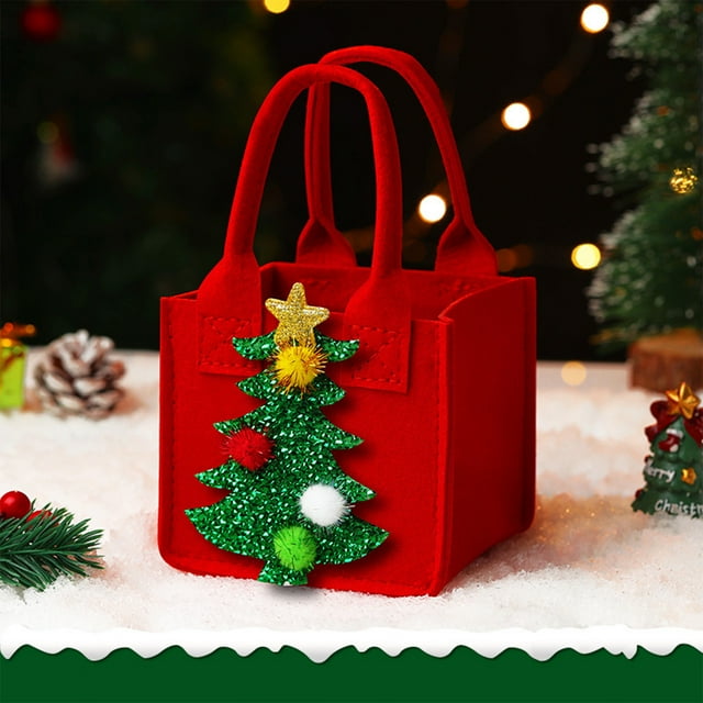 Uklsqma Sac-cadeau de Noël / Boîte-Cadeau des Fêtes en Feutre avec Poignée / Motifs d'Orignaux de Noël Rouges, Père Noël, Bonhomme de Neige et Arbre / Polyester Réutilisable et Durable / Parfait pour Emballer des Pommes, Bonbons, Jouets, Ornements