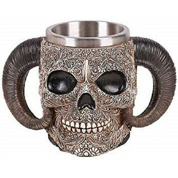 Ebros Gift Engraved Ram Horned Demon Skull Resin Home Decor Mug Large 8"H