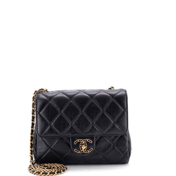 Pre-Owned Chain Woven CC Square Accordion Flap Bag Quilted Lambskin Mini By Rebag