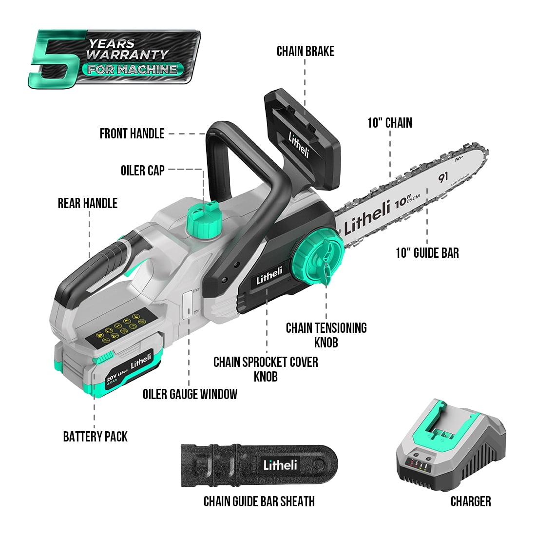 Litheli 20V 10" Cordless Handheld Chainsaw + 4.0Ah Battery Pack & Charger  for Tree Pruning, Branch Cutting, Yard, Garden