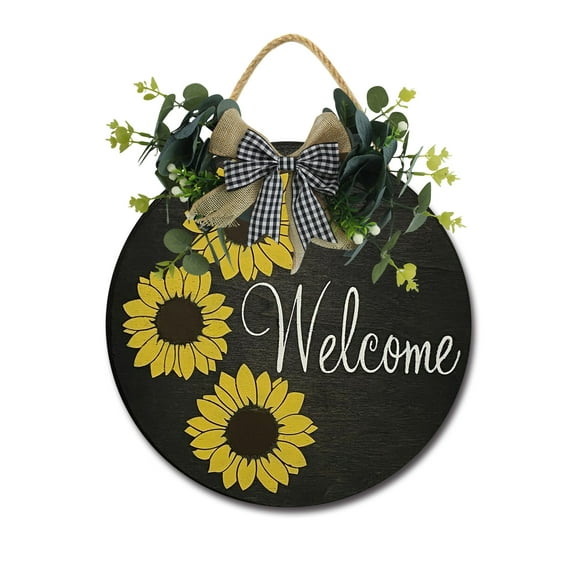 Welcome Sign Front Door Porch Decorations, Round Rustic Wood Hanging Sign for Farmhouse Porch Outdoor Home Holiday Front Door Sign Decor