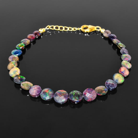 QNAVIC Ultra Fire Black Opal Coin Beads Dainty Bangle Bracelets, Natural Birthstone Jewelry, 14K Gold Plated Sterling Silver Chain 8 Inch, Healing Chakra Crystals Birthday Gifts for Women