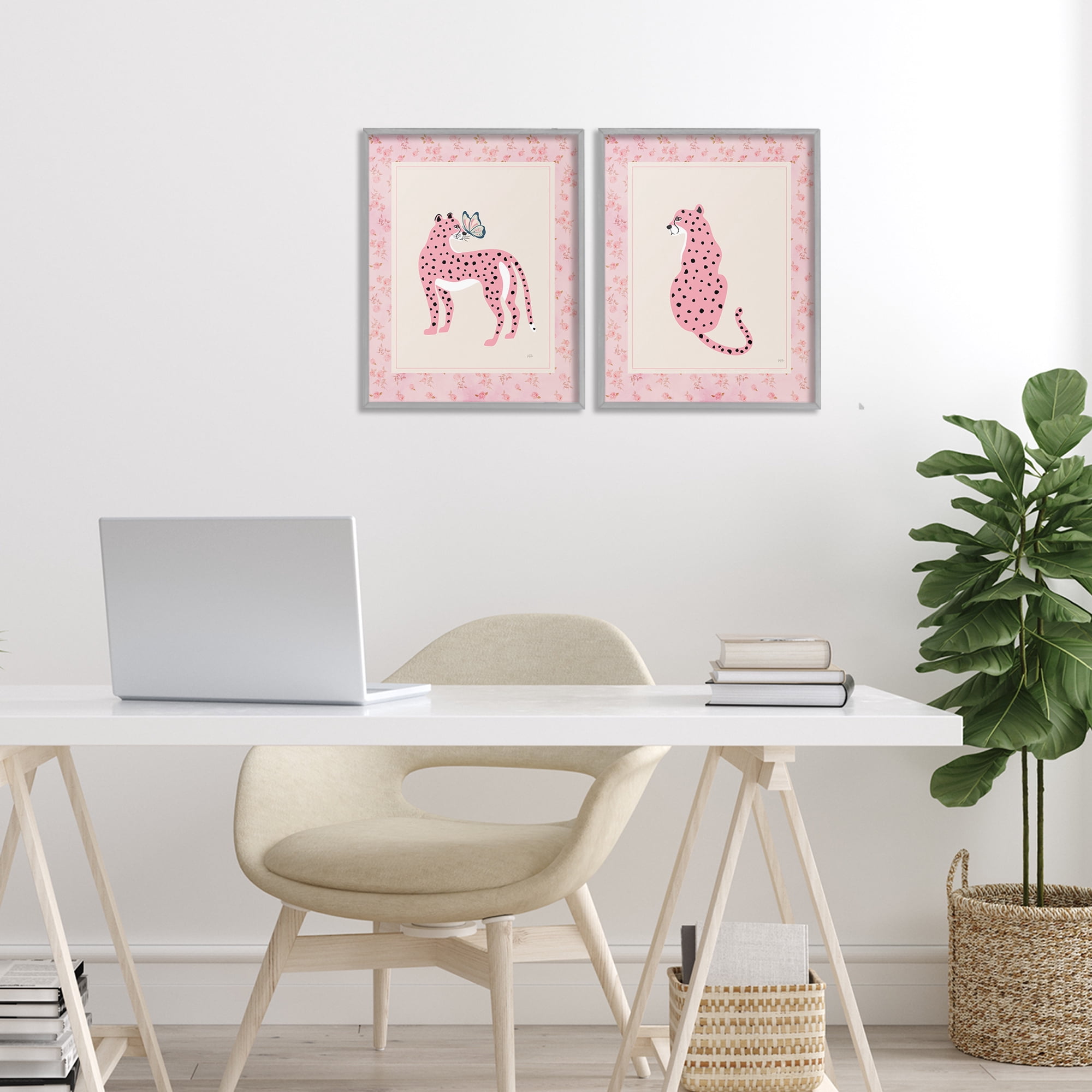 Stupell Industries Pink Leopard & Floral Border 2 Piece Gray Framed Giclee Art Set, design by Natalie Carpentieri