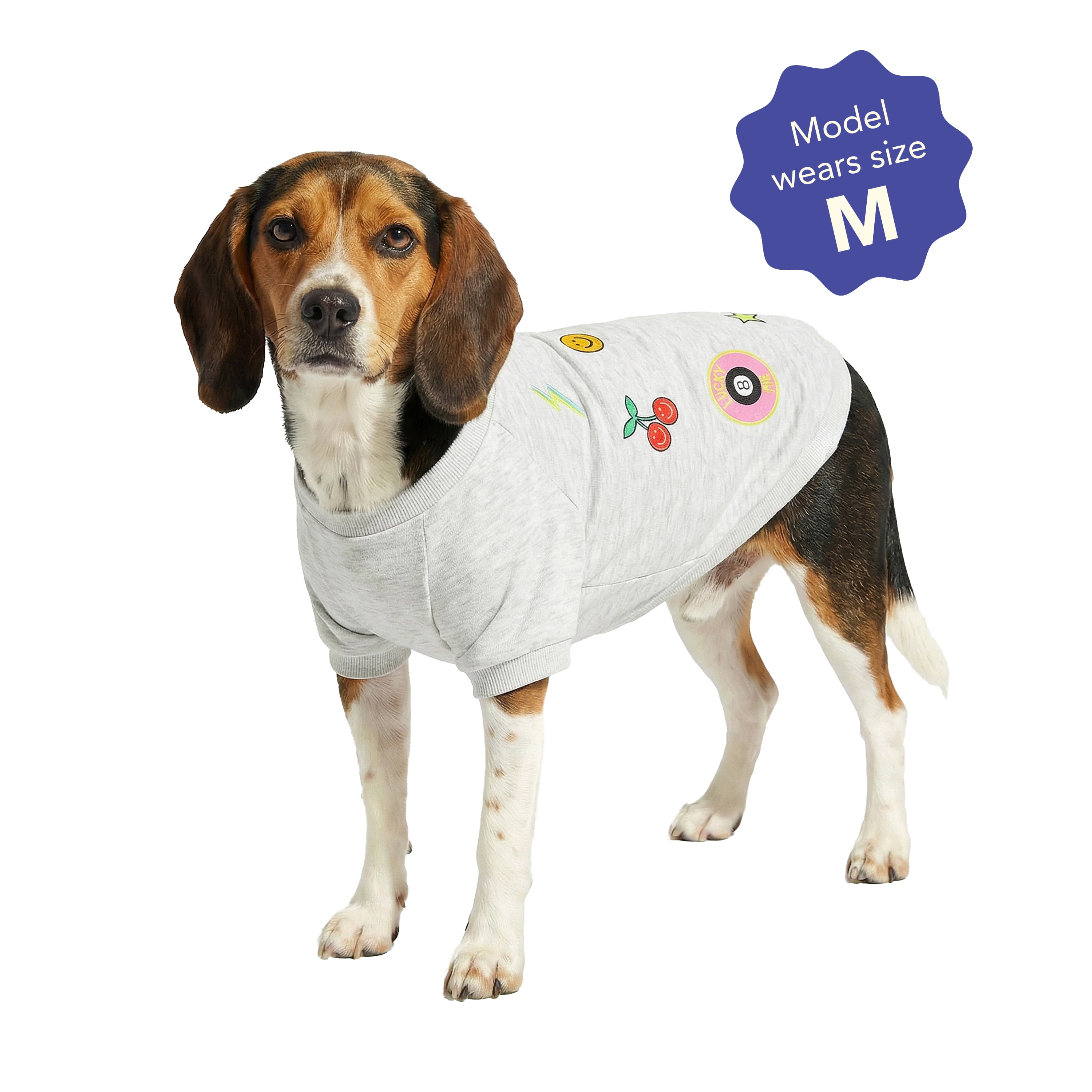 Oodles Gray Retro Patches Spring Dog Sweatshirt, Medium