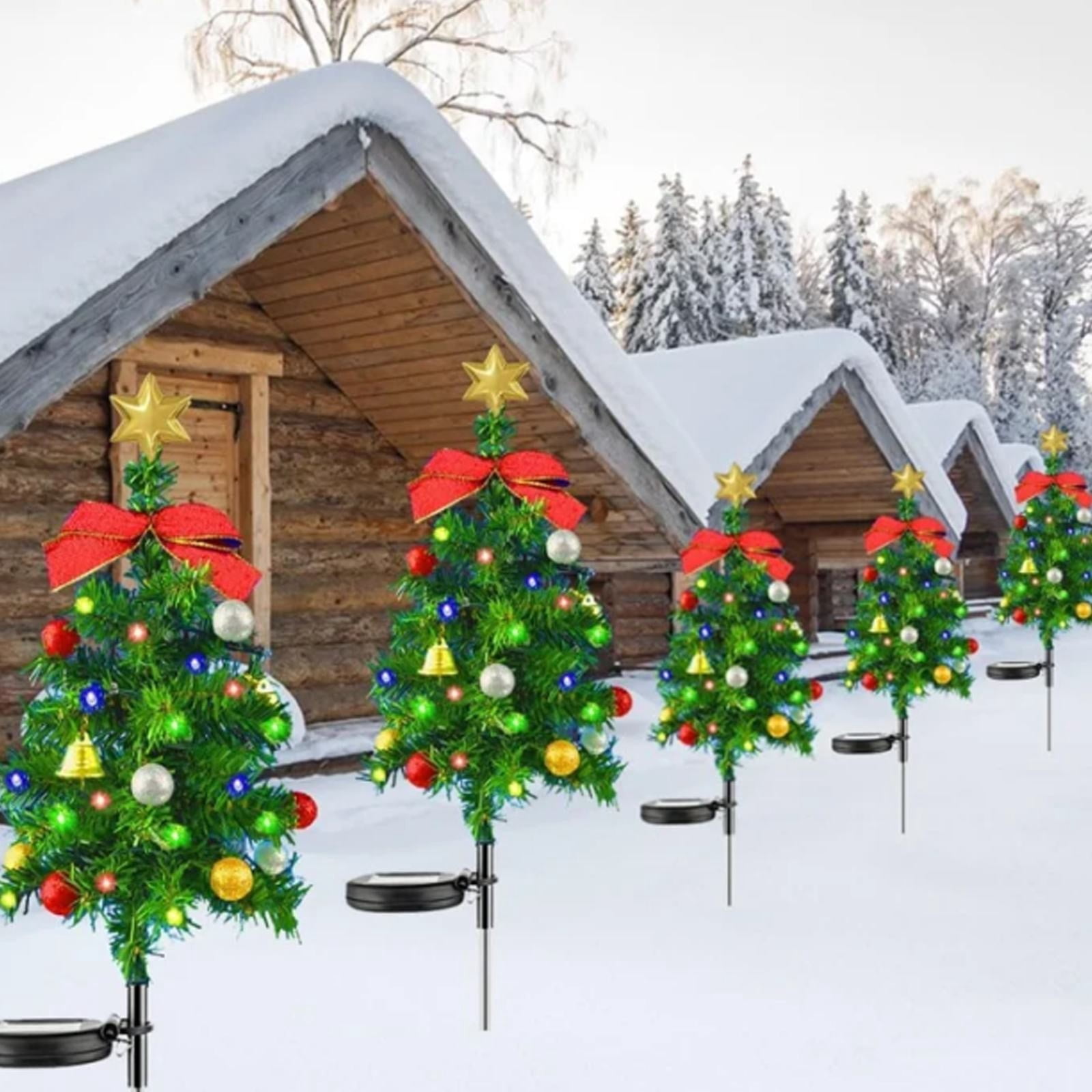 HCTSHG 2 Set Solar Christmas Tree Lights Decorations Outdoor Waterproof, LED Lights Christmas Solar Stake Lights Cemetery Christmas Tree for Grave Pathway Outside Garden Yard Lawn