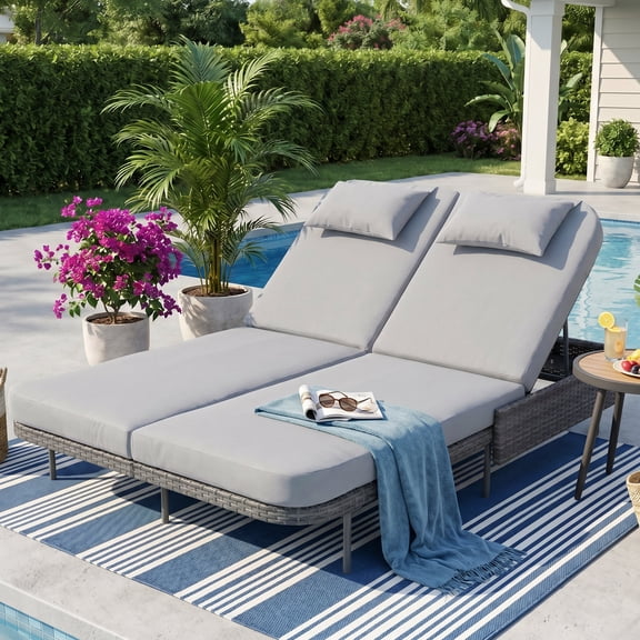 RADIATA 51.2" Wide 2-Person Outdoor Double Chaise Lounge Daybed, PE Wicker Patio Sunbed with 6-Position Backrests, 4.1" Cushions, Light Gray