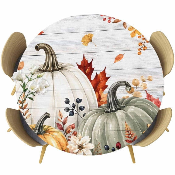 Round Table Cover 55-60 Inch White Green Pumpkins Fall Waterproof Reusable Table Cloth Round Fitted Vinyl Tablecloth with Elastic Edged for Parties Outdoors, Thanksgiving Floral Gray Wooden