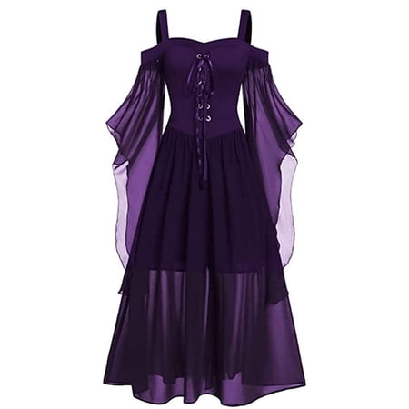Spring hue Women Flare Sleeve Renaissance Dress Halloween Medieval Costume Faire Gothic Gown