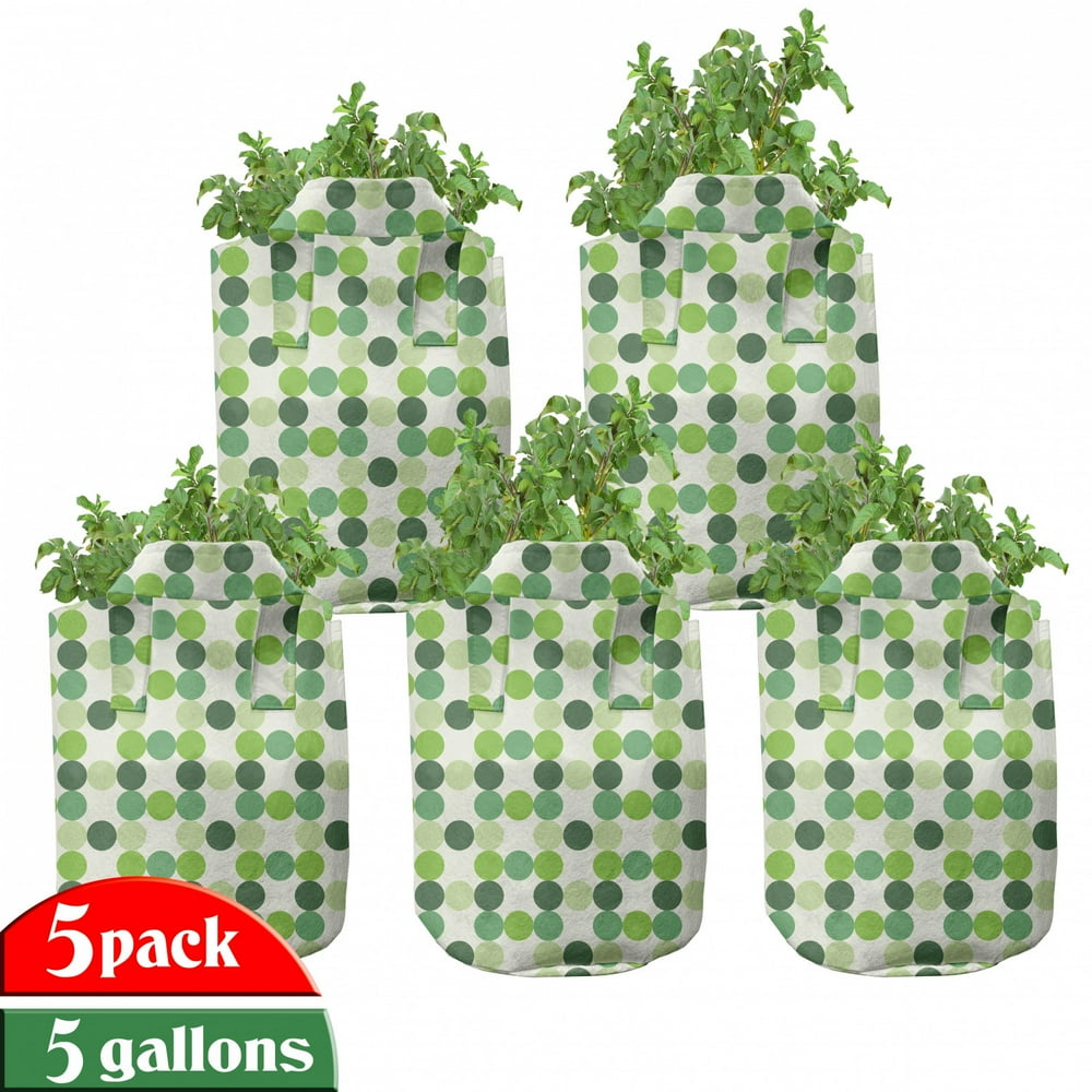 Green Grow Bags 5Pack, Circles of Various Tones, Heavyduty Fabric Pots